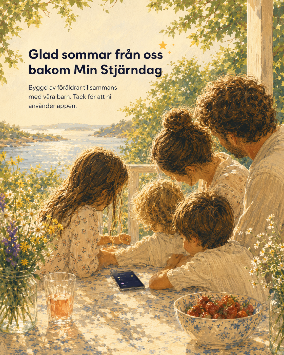 Happy summer from the team behind My Starday — family at a summer table overlooking the archipelago
