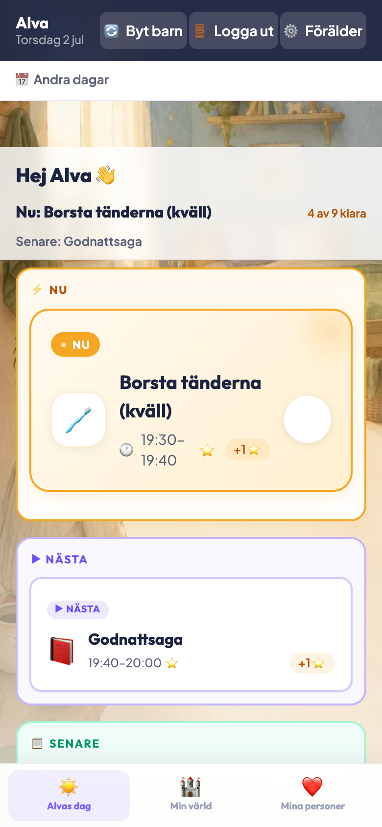 Bildstöd ADHD schema — kvällsrutin steg för steg med Nu och Nästa