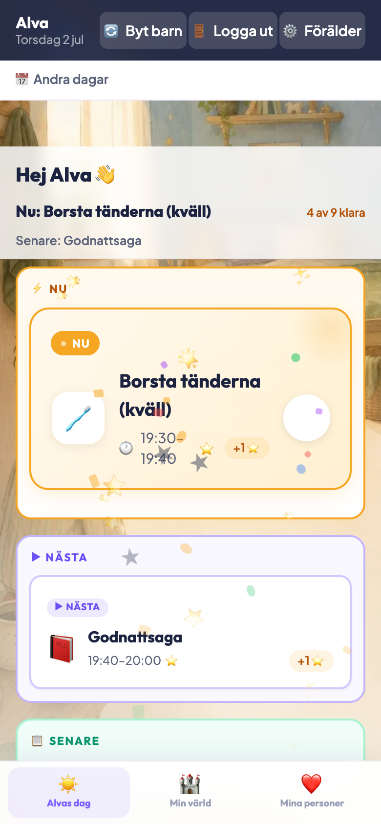 Morgonschema med bildstöd — gå upp, borsta tänder, byta om och äta frukost i ordning